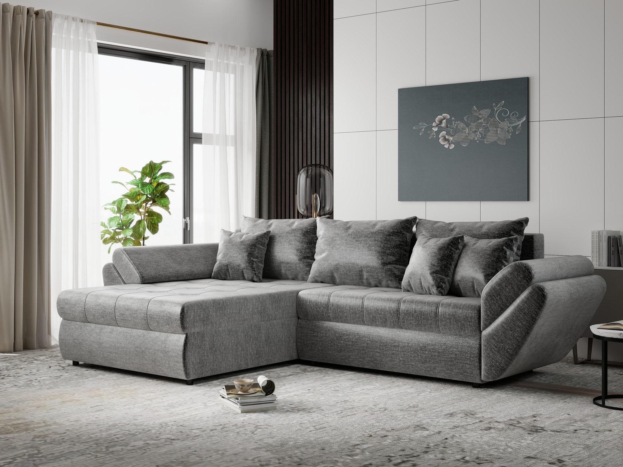 Colțar extensibil dumonde cu ladă de depozitare si sezut confortabil din spuma high-density, Loana Monolith Gri 270x185 cm