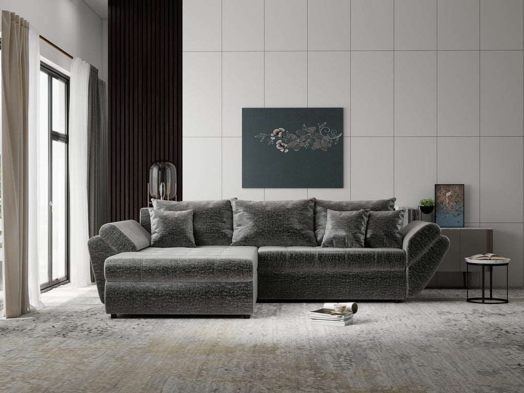 Colțar extensibil dumonde cu ladă de depozitare si sezut confortabil din spuma high-density, Loana Monolith Gri 270x185 cm