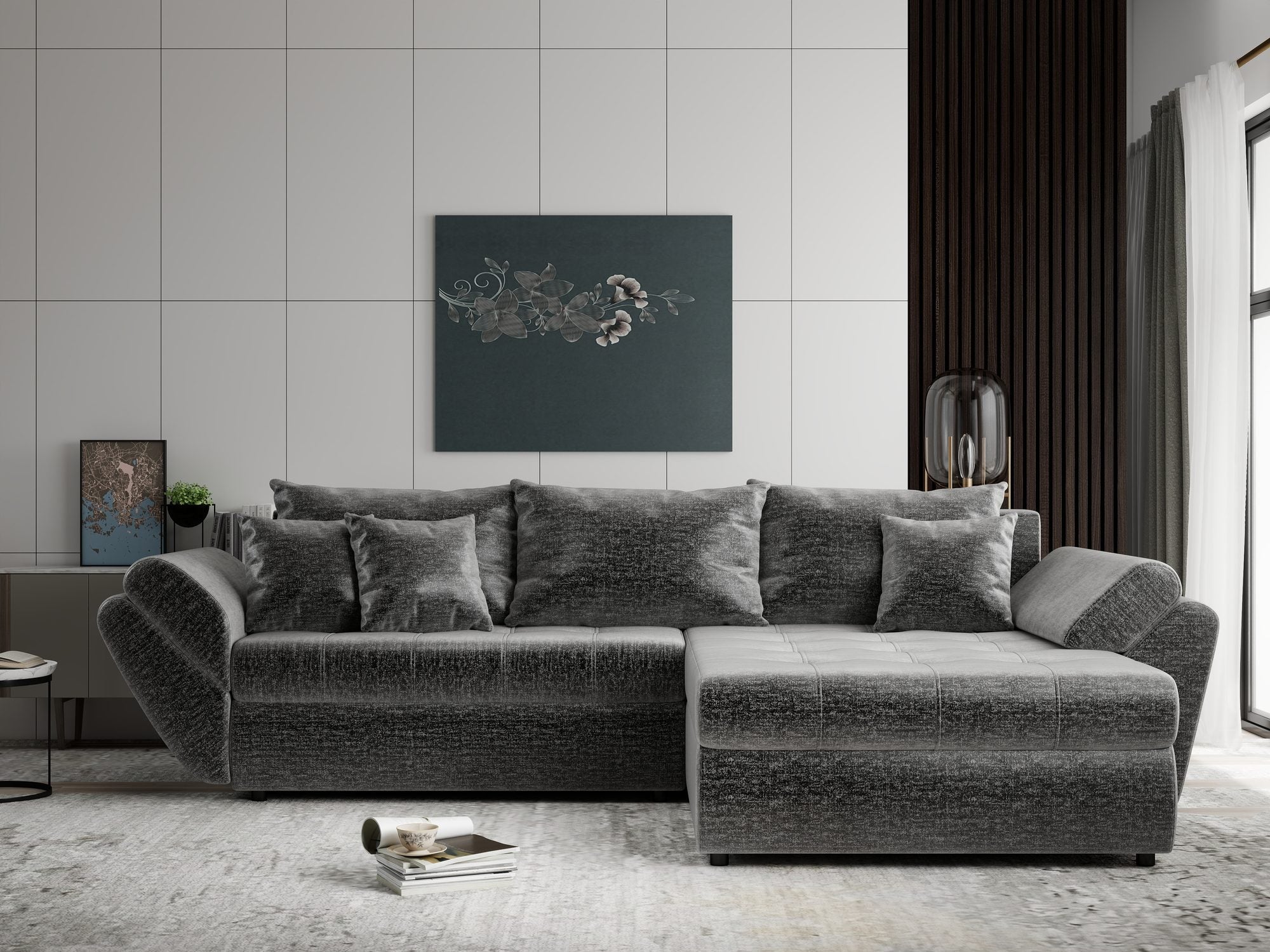 Colțar extensibil dumonde cu ladă de depozitare si sezut confortabil din spuma high-density, Loana Monolith Gri II 270x185 cm