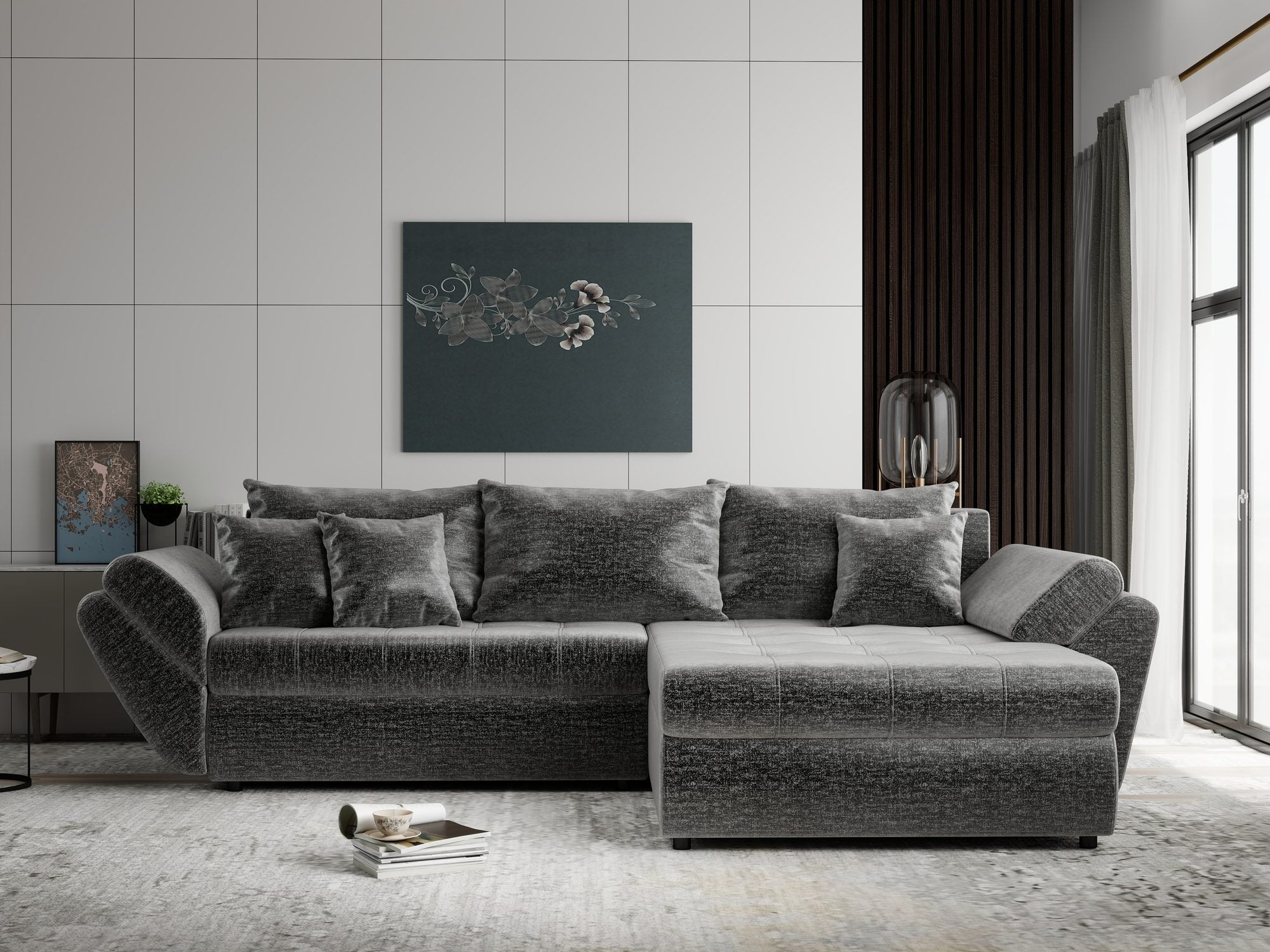 Colțar extensibil dumonde cu ladă de depozitare si sezut confortabil din spuma high-density, Loana Monolith Gri II 270x185 cm