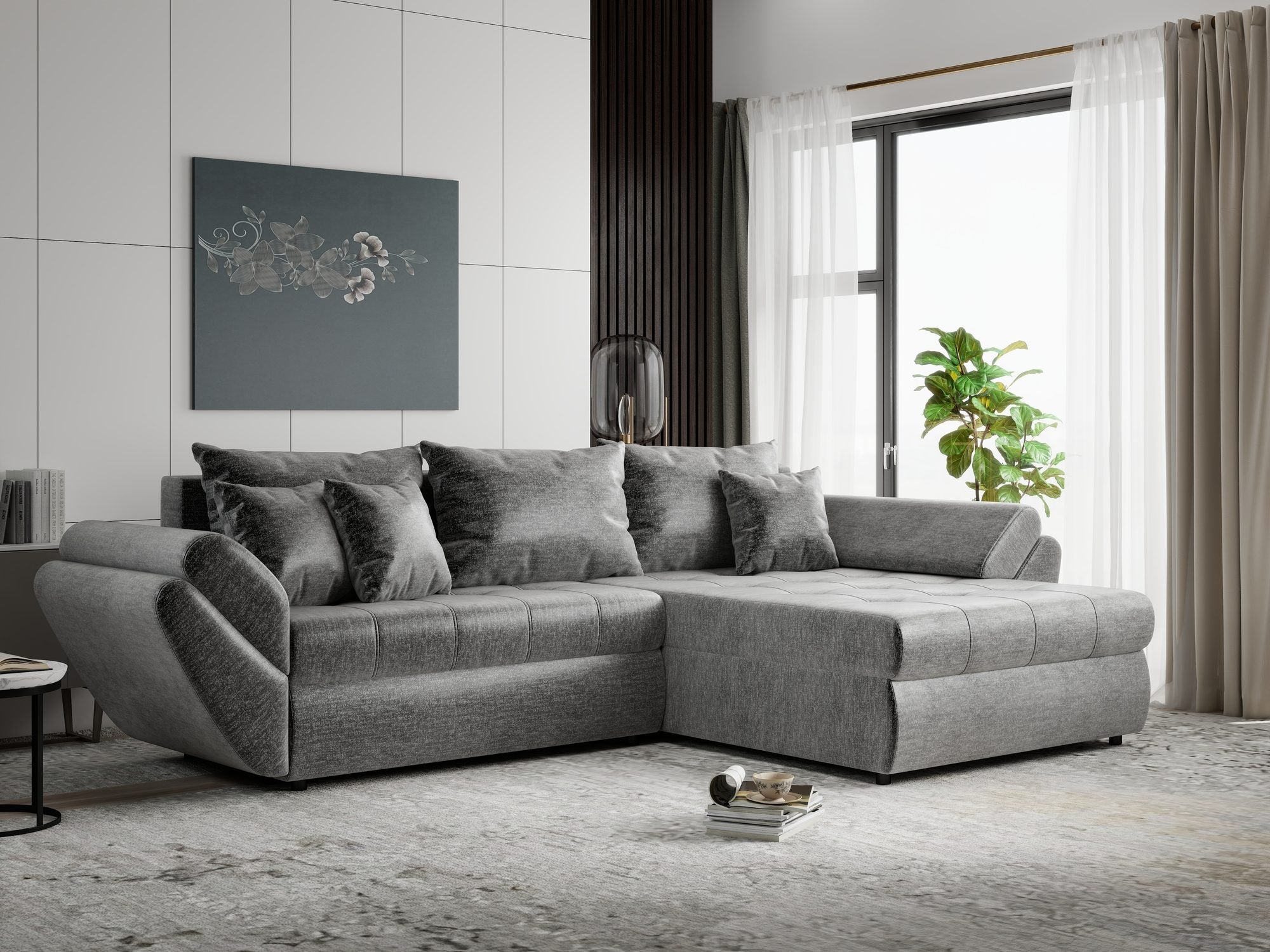 Colțar extensibil dumonde cu ladă de depozitare si sezut confortabil din spuma high-density, Loana Monolith Gri II 270x185 cm