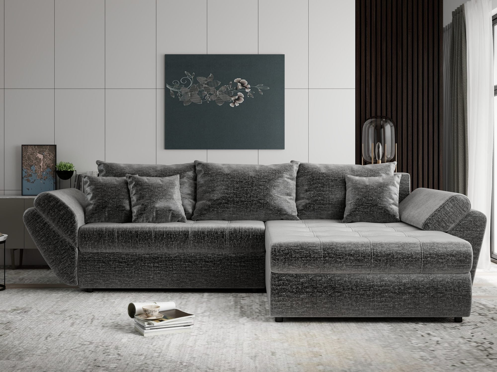 Colțar extensibil dumonde cu ladă de depozitare si sezut confortabil din spuma high-density, Loana Monolith Gri II 270x185 cm
