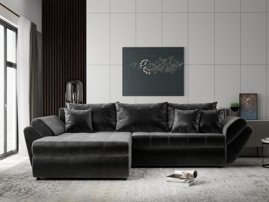 Colțar extensibil dumonde cu ladă de depozitare si sezut confortabil din spuma high-density, Loana Monolith Gri antracit 270x185 cm