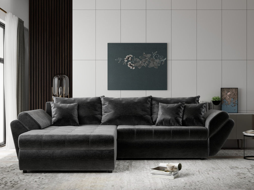 Colțar extensibil dumonde cu ladă de depozitare si sezut confortabil din spuma high-density, Loana Monolith Gri antracit 270x185 cm