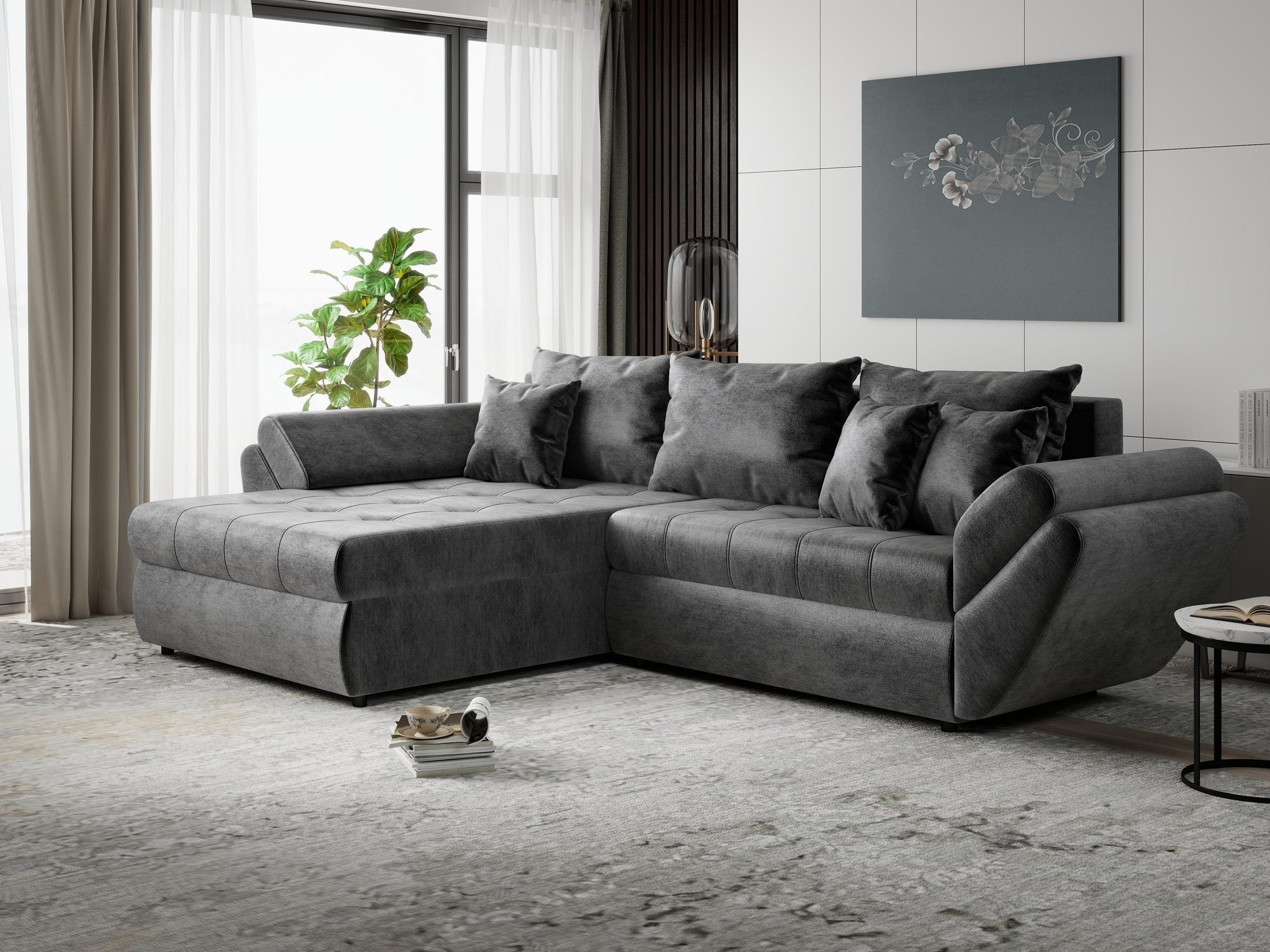 Colțar extensibil dumonde cu ladă de depozitare si sezut confortabil din spuma high-density, Loana Monolith Gri antracit 270x185 cm