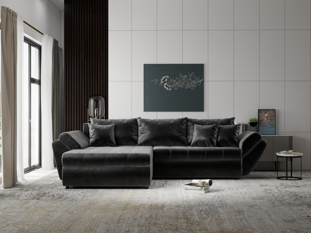 Colțar extensibil dumonde cu ladă de depozitare si sezut confortabil din spuma high-density, Loana Monolith Gri antracit 270x185 cm