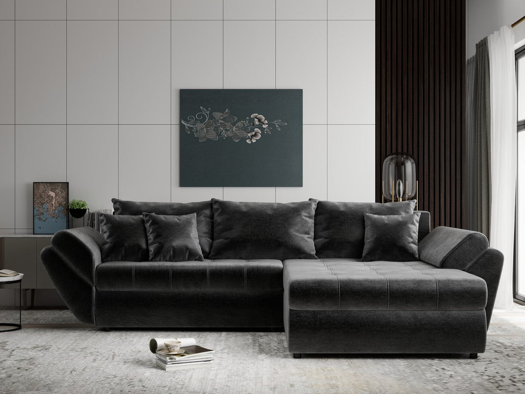 Colțar extensibil dumonde cu ladă de depozitare si sezut confortabil din spuma high-density, Loana Monolith Gri antracit II 270x185 cm