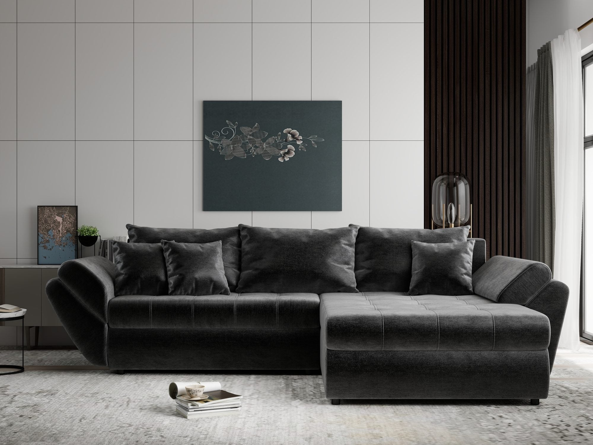 Colțar extensibil dumonde cu ladă de depozitare si sezut confortabil din spuma high-density, Loana Monolith Gri antracit II 270x185 cm