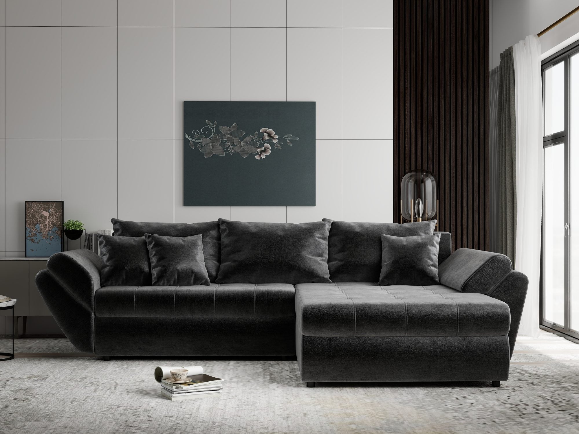 Colțar extensibil dumonde cu ladă de depozitare si sezut confortabil din spuma high-density, Loana Monolith Gri antracit II 270x185 cm