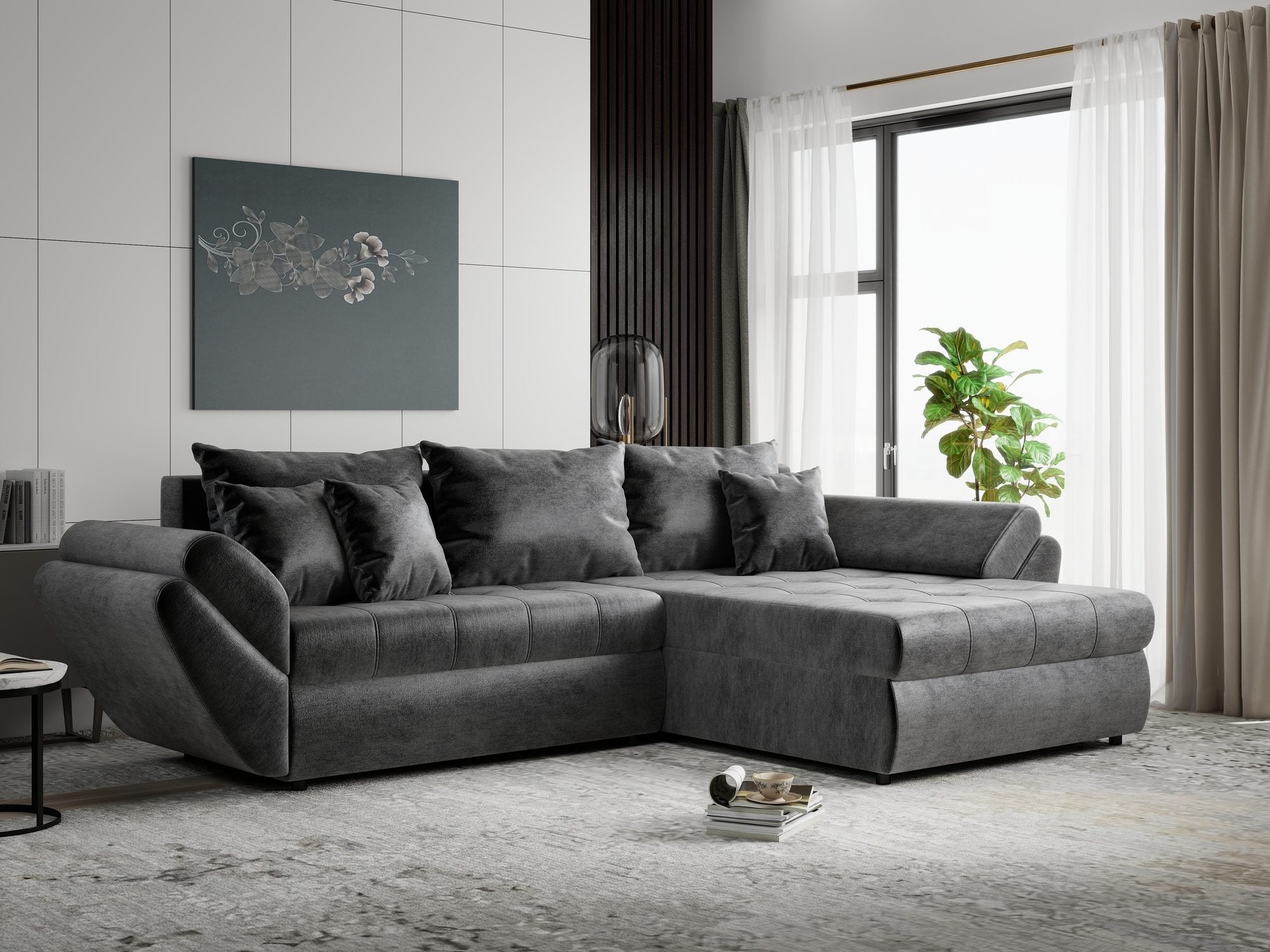 Colțar extensibil dumonde cu ladă de depozitare si sezut confortabil din spuma high-density, Loana Monolith Gri antracit II 270x185 cm