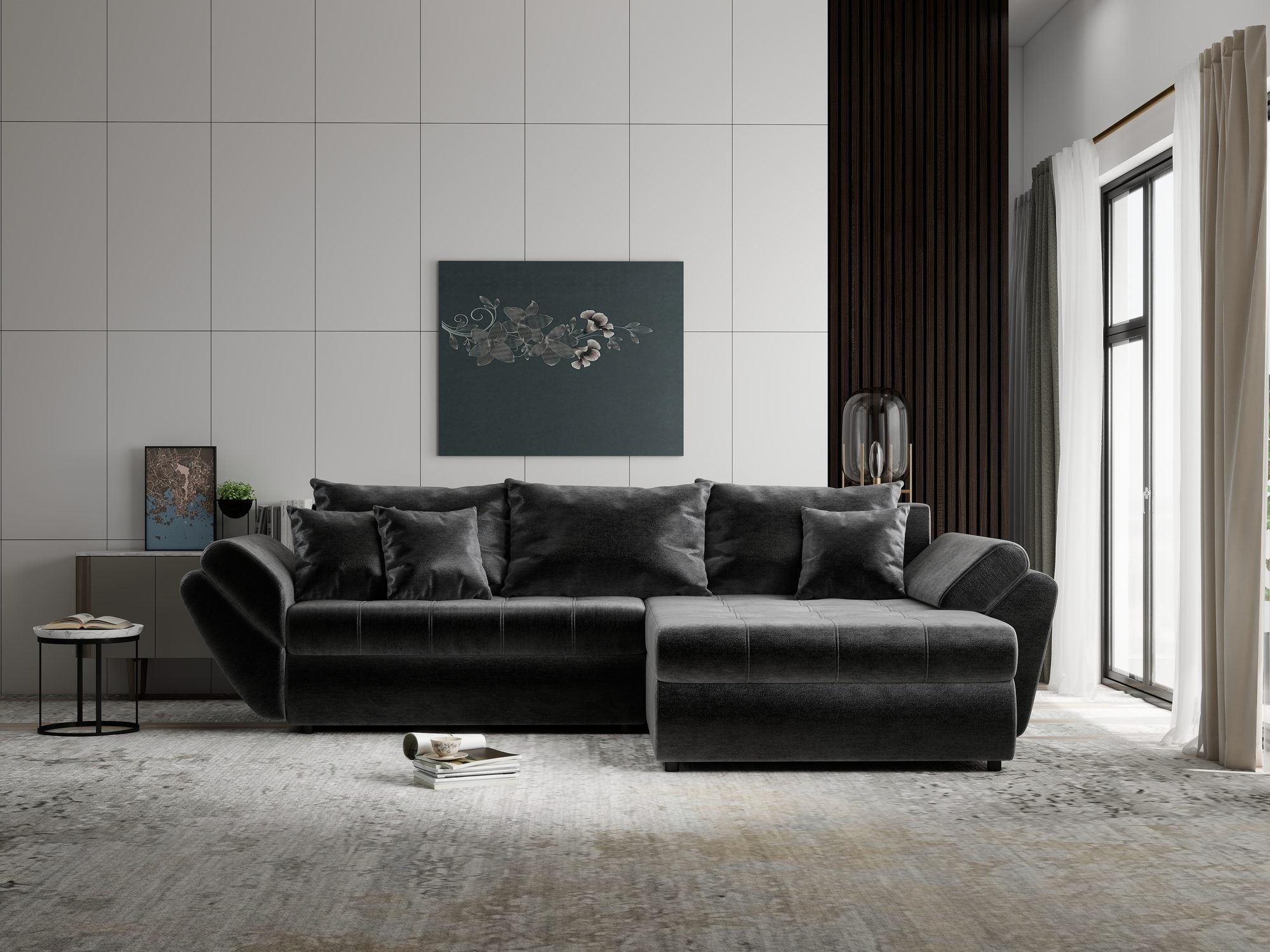 Colțar extensibil dumonde cu ladă de depozitare si sezut confortabil din spuma high-density, Loana Monolith Gri antracit II 270x185 cm