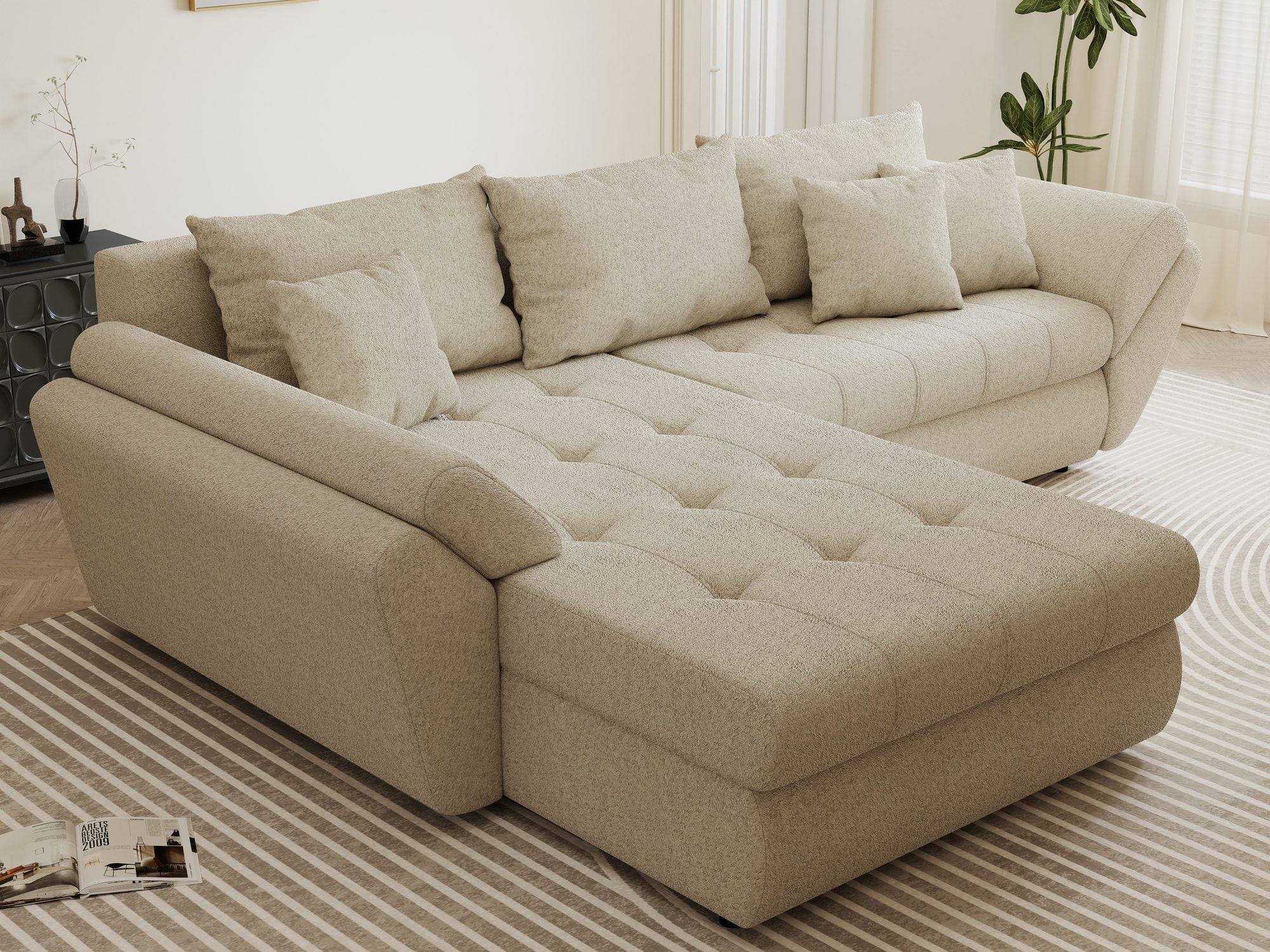 Colțar extensibil dumonde cu ladă de depozitare si sezut confortabil din spuma high-density, Loana Monte Bej 270x185 cm