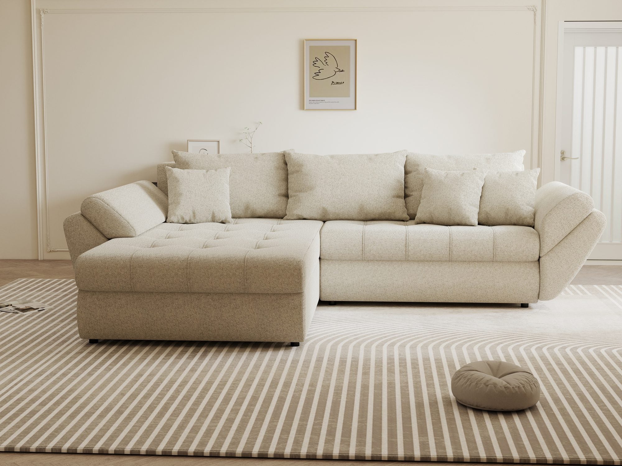 Colțar extensibil dumonde cu ladă de depozitare si sezut confortabil din spuma high-density, Loana Monte Bej 270x185 cm