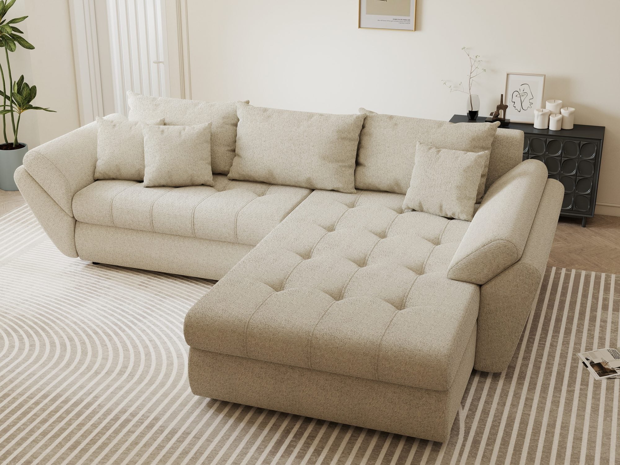 Colțar extensibil dumonde cu ladă de depozitare si sezut confortabil din spuma high-density, Loana Monte Bej II 270x185 cm