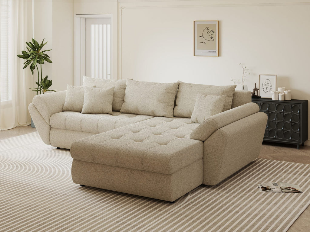 Colțar extensibil dumonde cu ladă de depozitare si sezut confortabil din spuma high-density, Loana Monte Bej II 270x185 cm