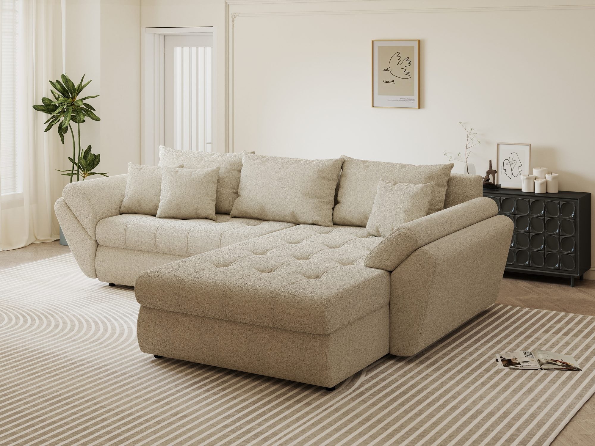 Colțar extensibil dumonde cu ladă de depozitare si sezut confortabil din spuma high-density, Loana Monte Bej II 270x185 cm