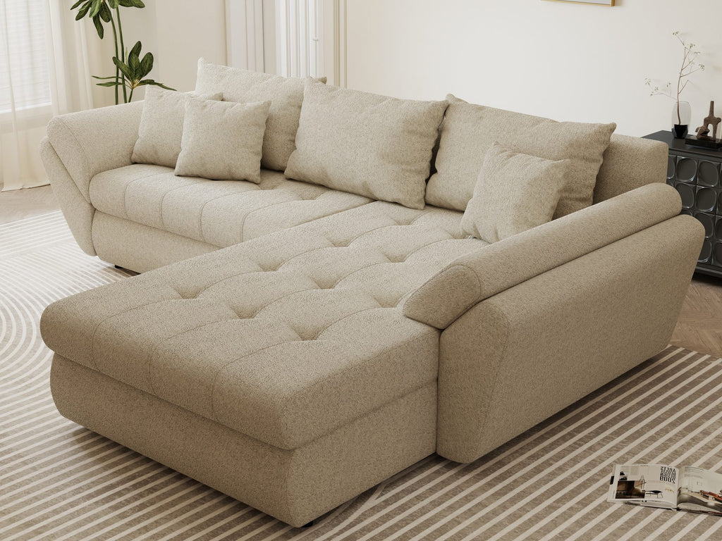 Colțar extensibil dumonde cu ladă de depozitare si sezut confortabil din spuma high-density, Loana Monte Bej II 270x185 cm