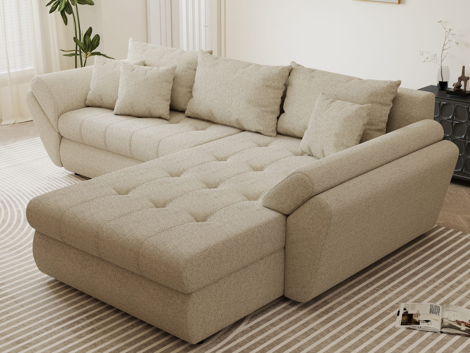 Colțar extensibil dumonde cu ladă de depozitare si sezut confortabil din spuma high-density, Loana Monte Bej II 270x185 cm