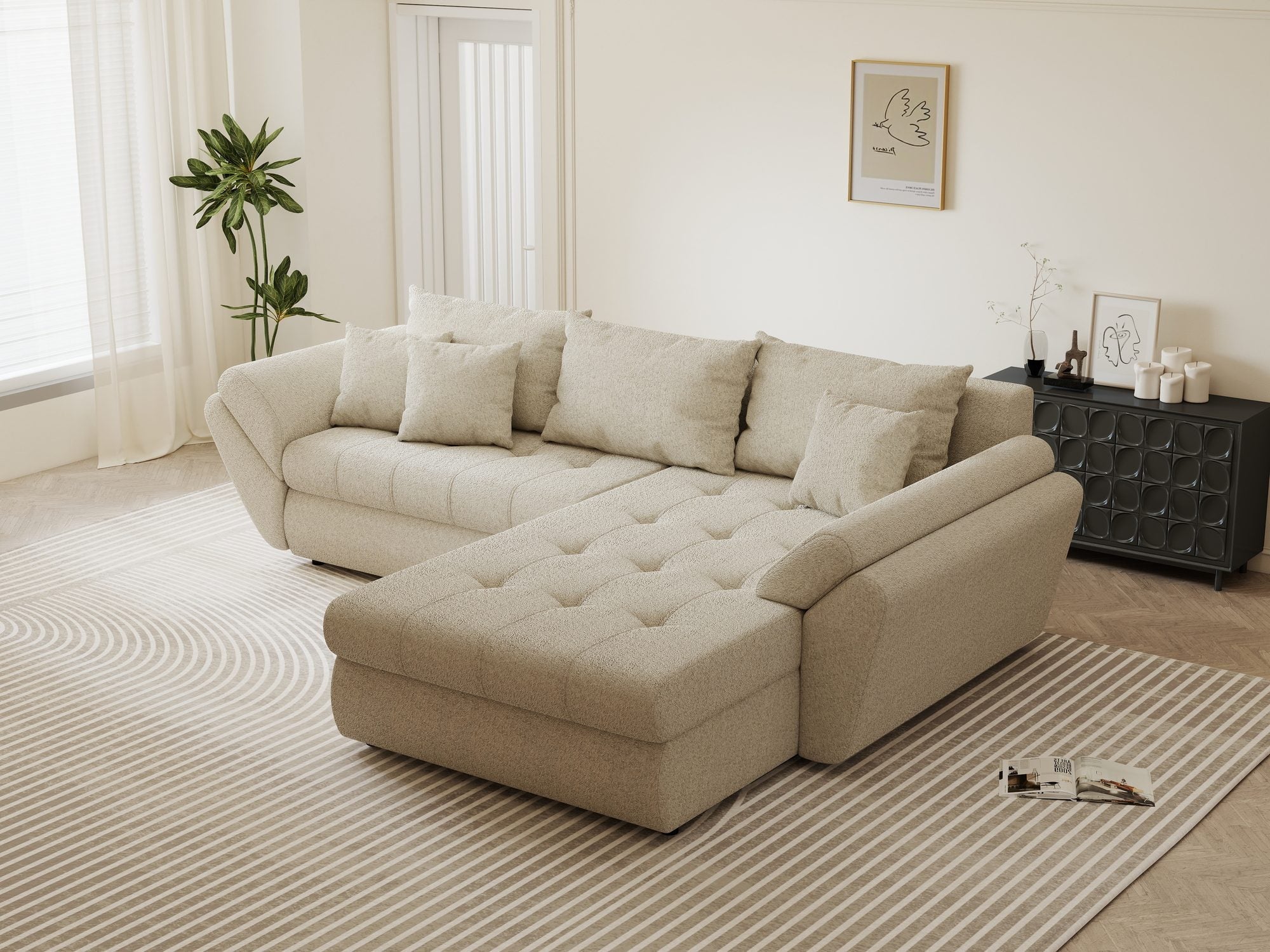 Colțar extensibil dumonde cu ladă de depozitare si sezut confortabil din spuma high-density, Loana Monte Bej II 270x185 cm