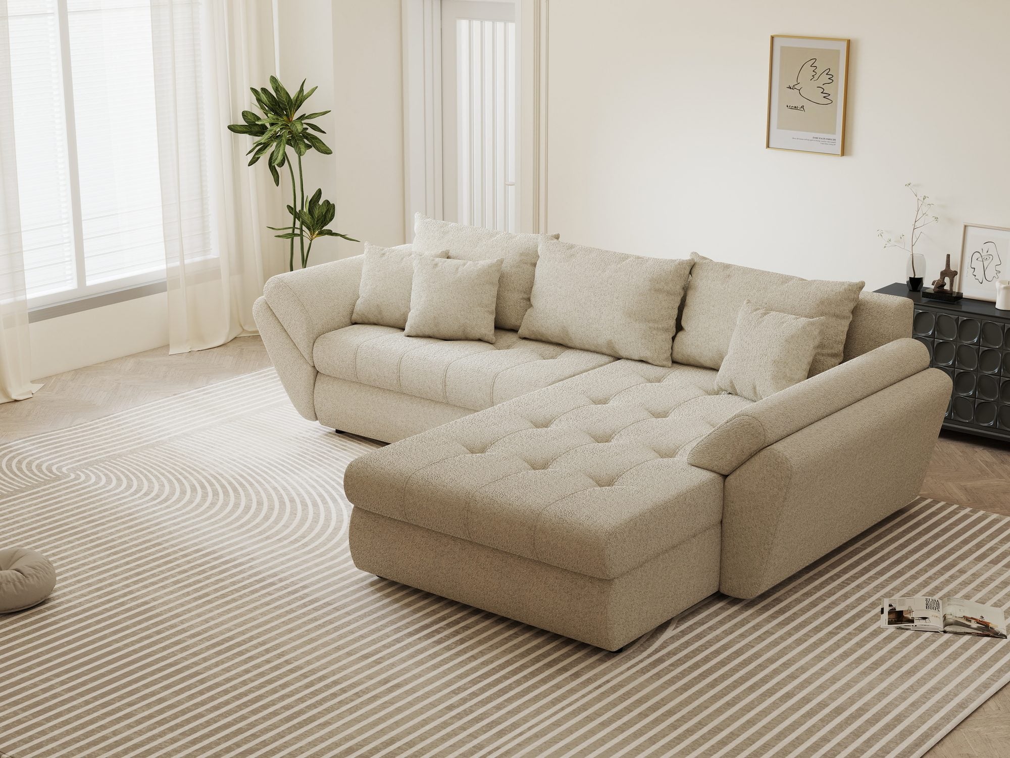 Colțar extensibil dumonde cu ladă de depozitare si sezut confortabil din spuma high-density, Loana Monte Bej II 270x185 cm
