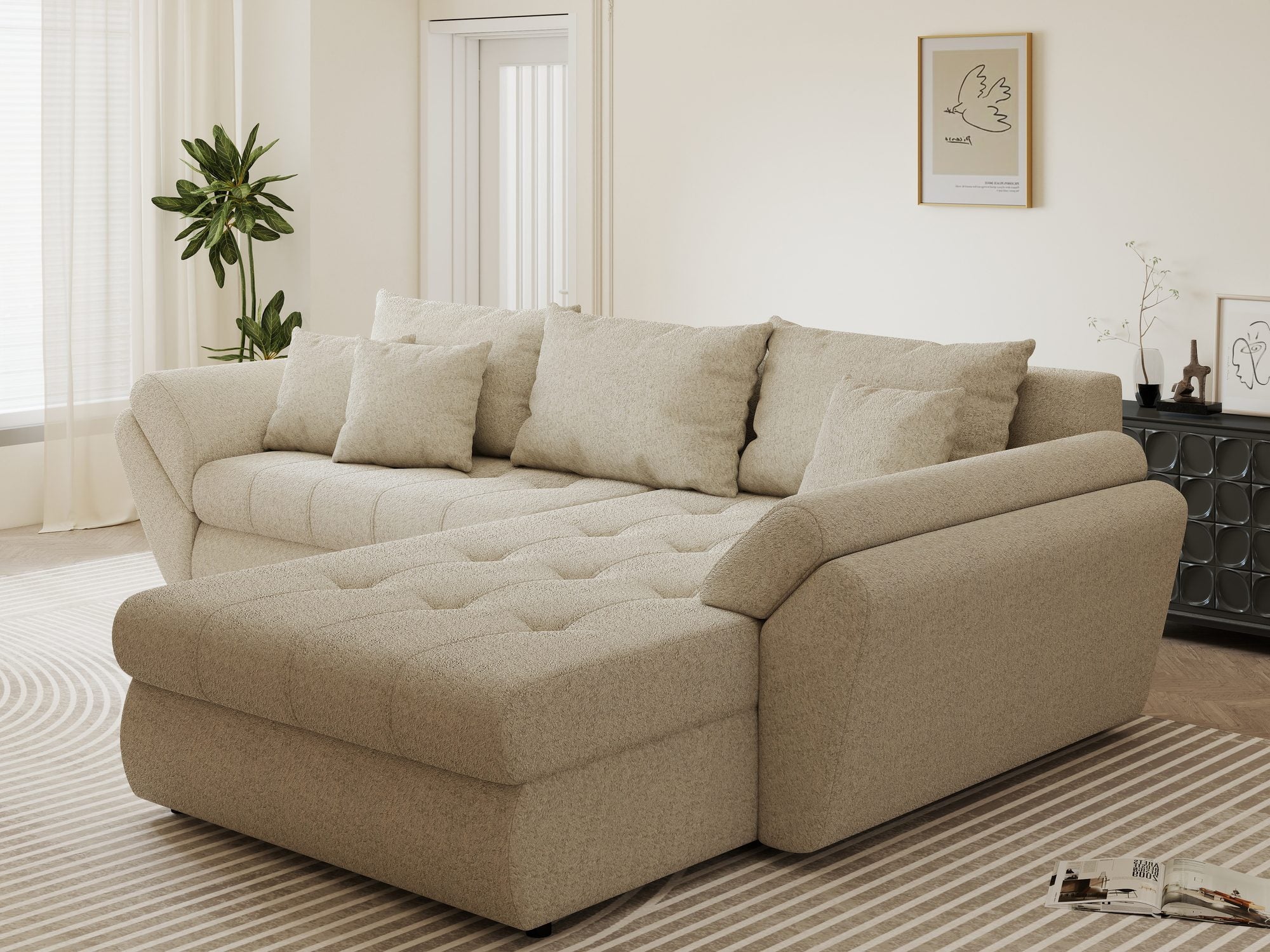Colțar extensibil dumonde cu ladă de depozitare si sezut confortabil din spuma high-density, Loana Monte Bej II 270x185 cm