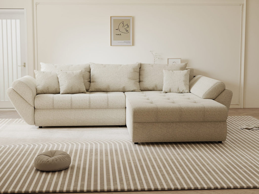 Colțar extensibil dumonde cu ladă de depozitare si sezut confortabil din spuma high-density, Loana Monte Bej II 270x185 cm
