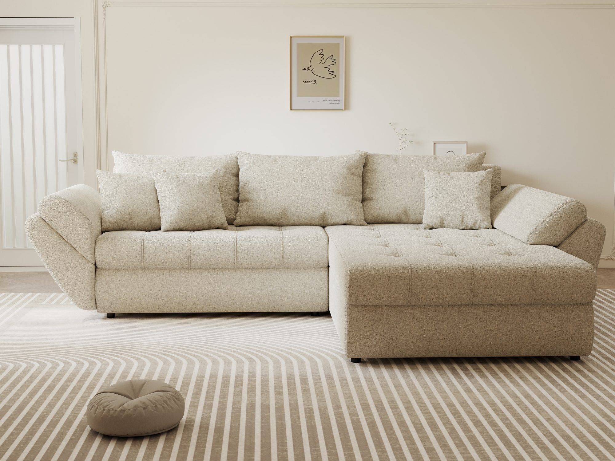 Colțar extensibil dumonde cu ladă de depozitare si sezut confortabil din spuma high-density, Loana Monte Bej II 270x185 cm