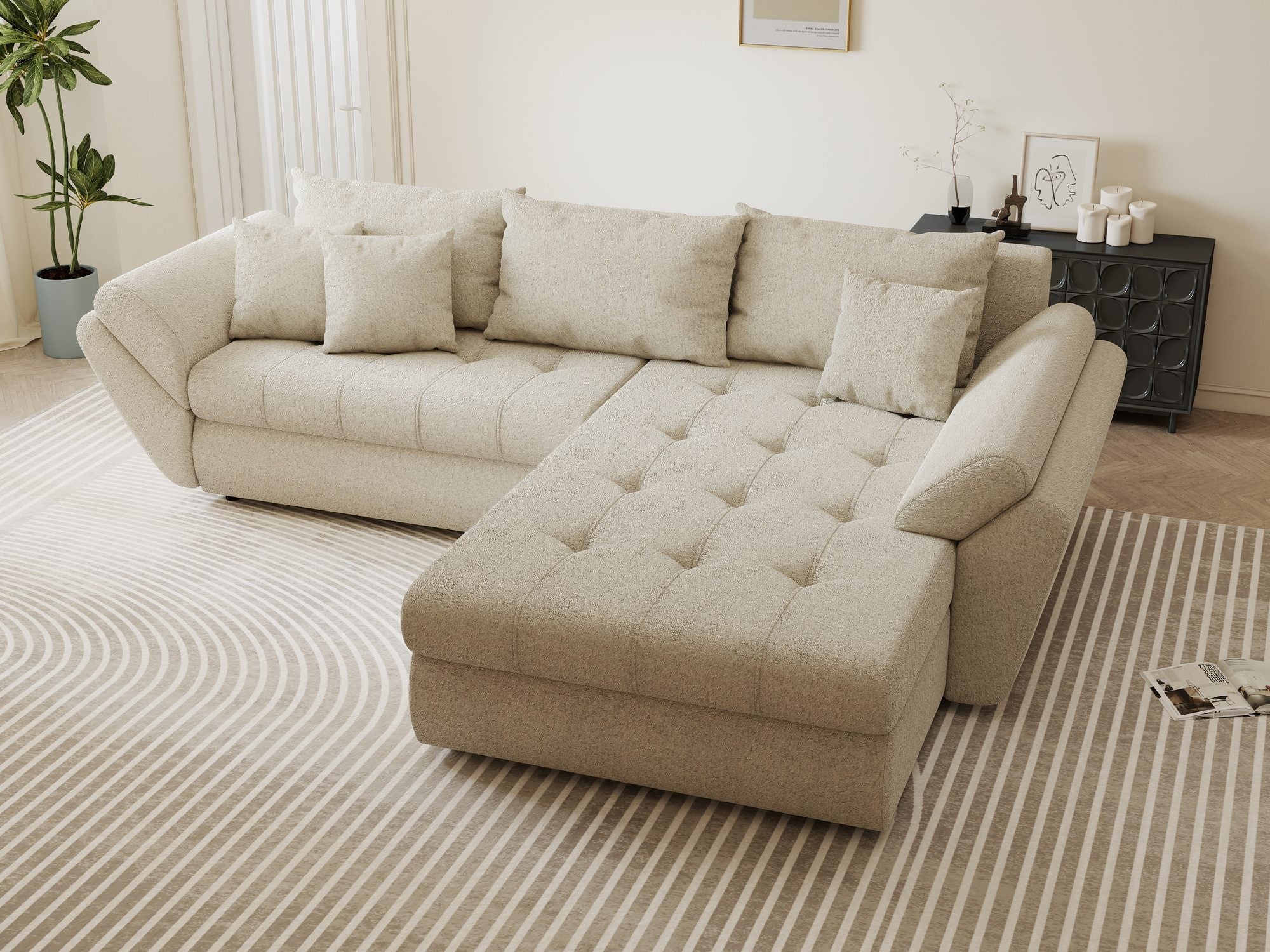 Colțar extensibil dumonde cu ladă de depozitare si sezut confortabil din spuma high-density, Loana Monte Bej II 270x185 cm