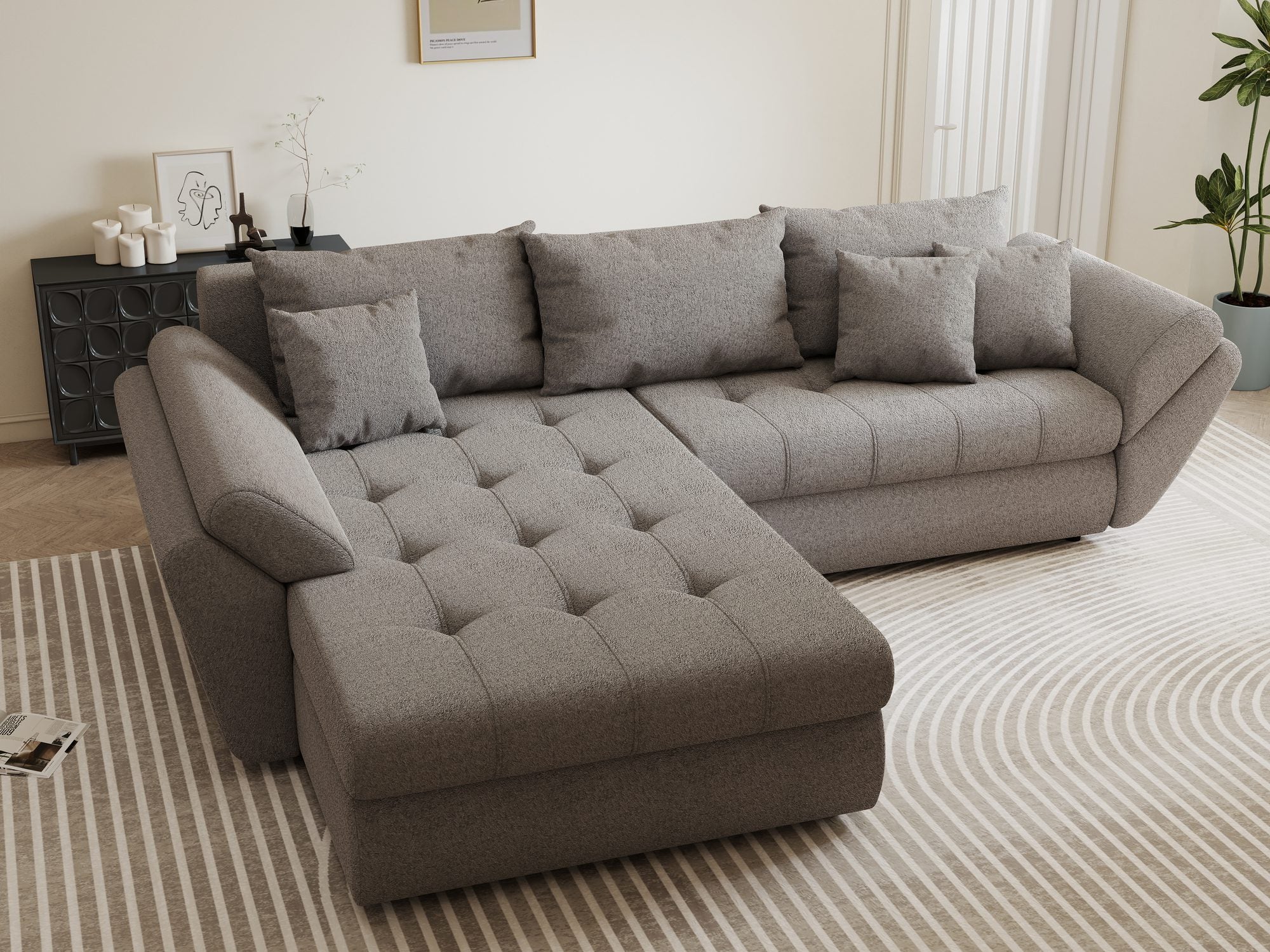 Colțar extensibil dumonde cu ladă de depozitare si sezut confortabil din spuma high-density, Loana Monte Gri 270x185 cm