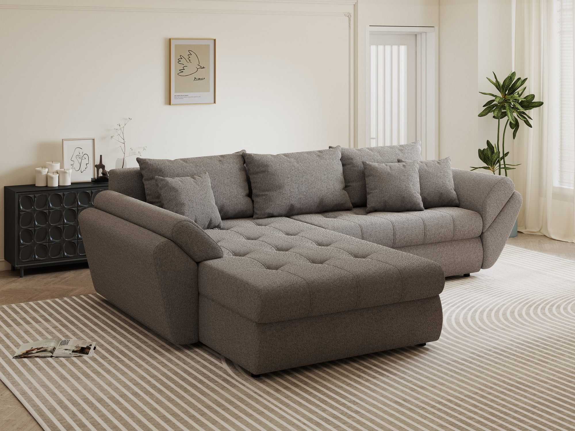 Colțar extensibil dumonde cu ladă de depozitare si sezut confortabil din spuma high-density, Loana Monte Gri 270x185 cm