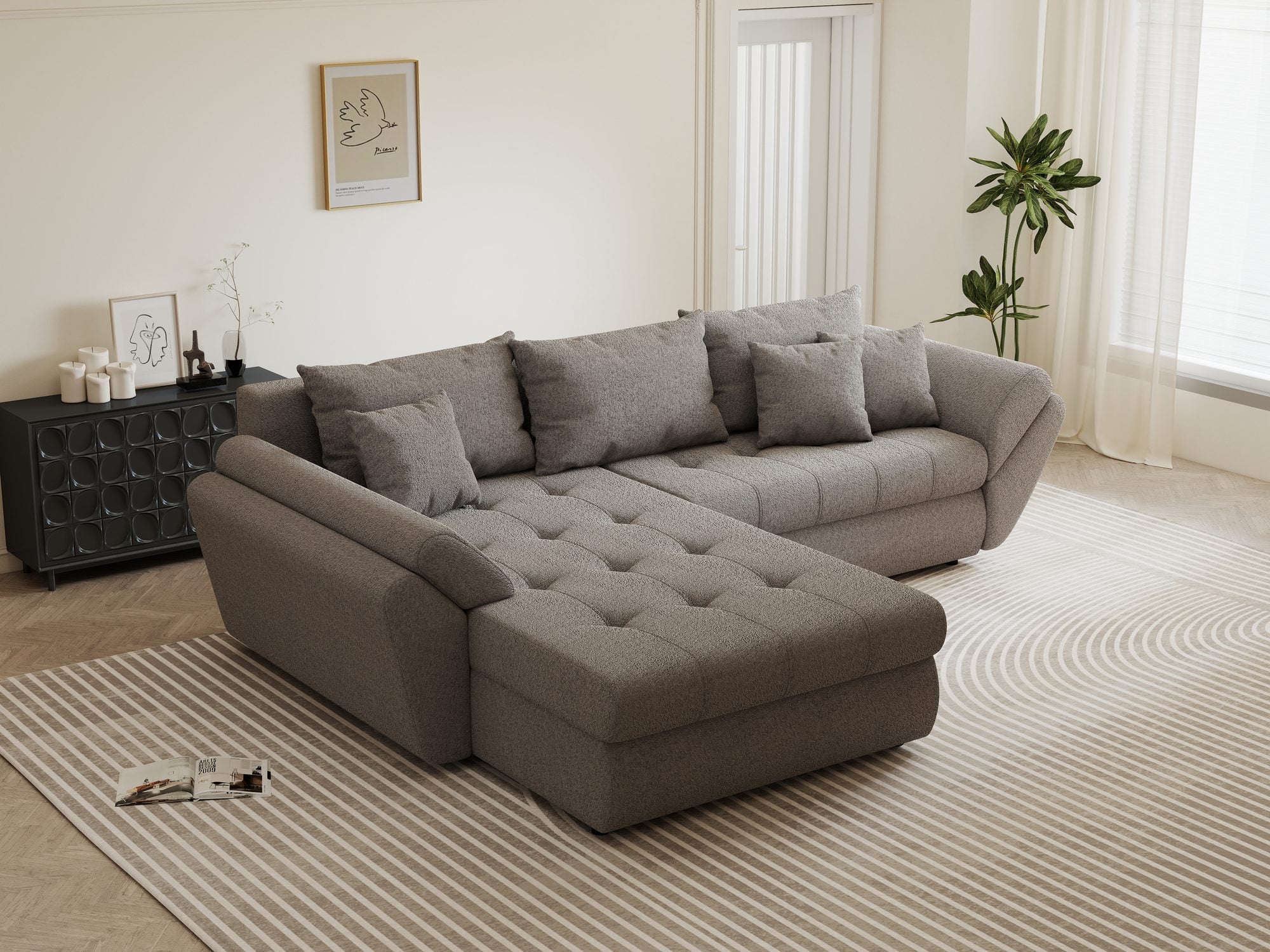 Colțar extensibil dumonde cu ladă de depozitare si sezut confortabil din spuma high-density, Loana Monte Gri 270x185 cm