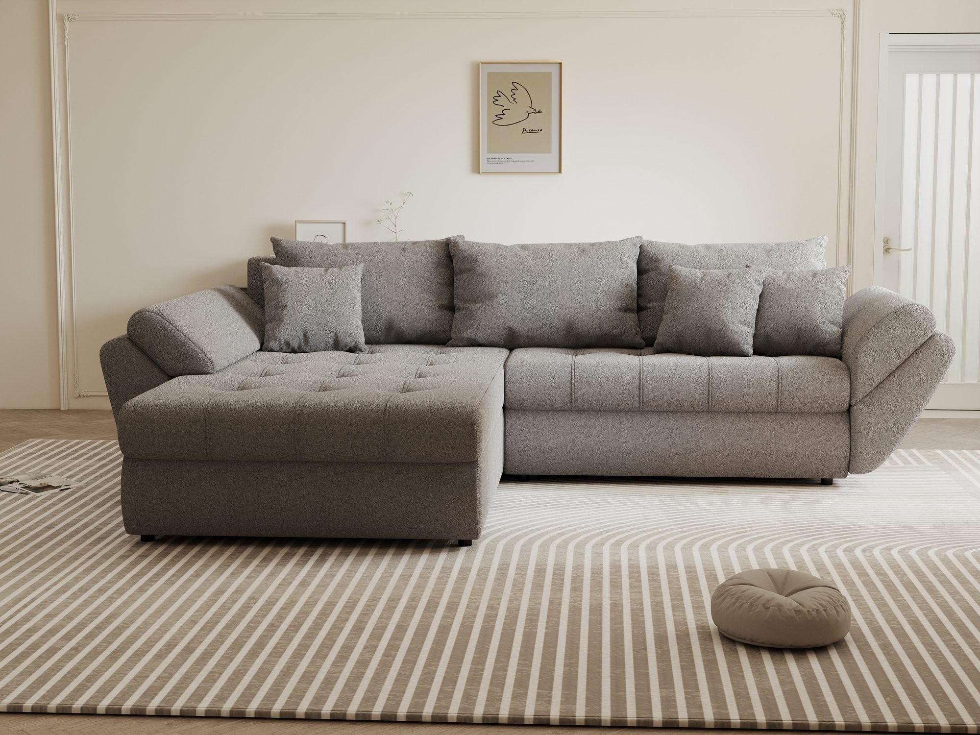 Colțar extensibil dumonde cu ladă de depozitare si sezut confortabil din spuma high-density, Loana Monte Gri 270x185 cm