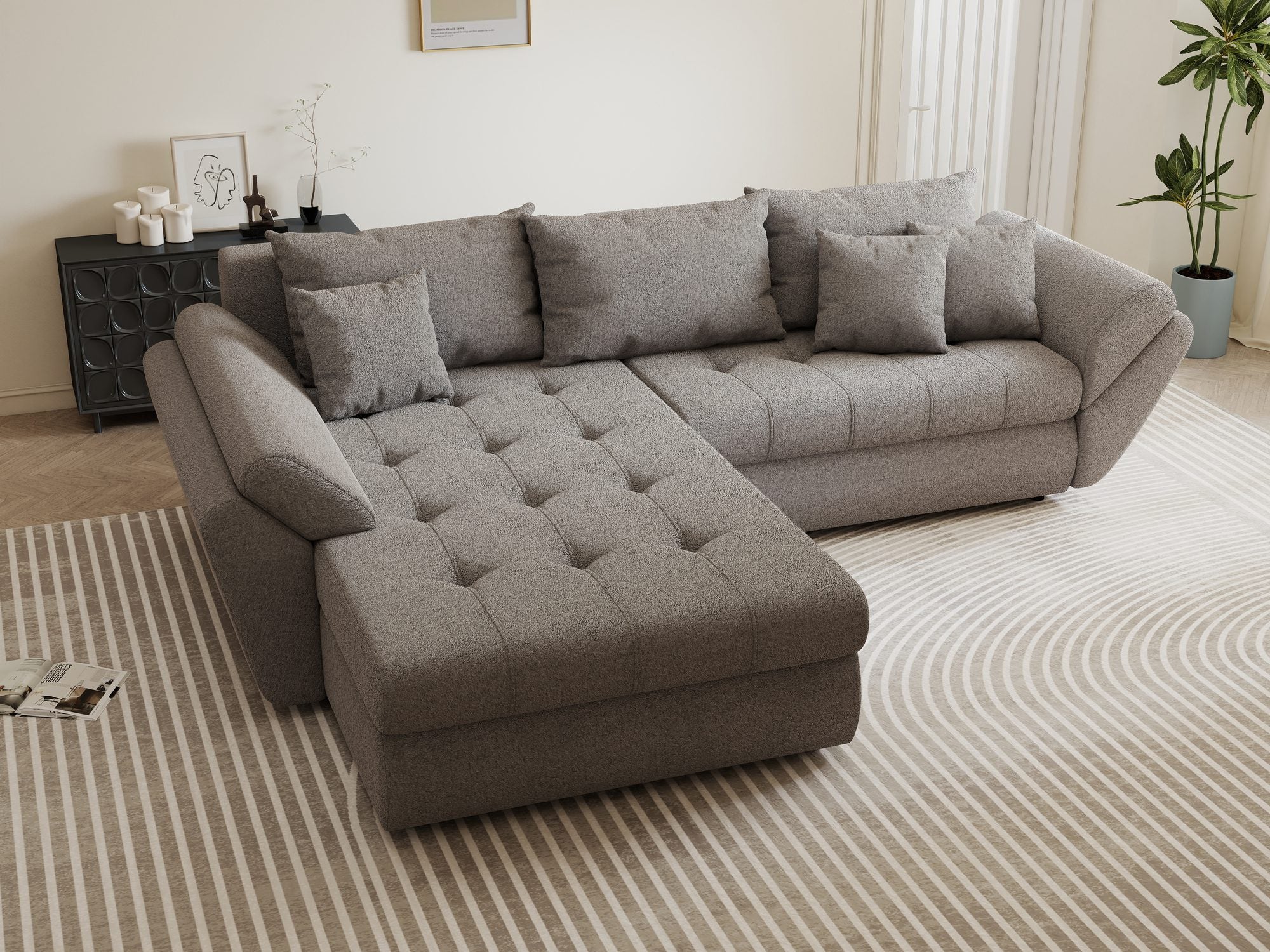 Colțar extensibil dumonde cu ladă de depozitare si sezut confortabil din spuma high-density, Loana Monte Gri 270x185 cm