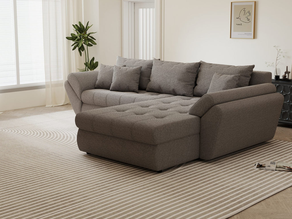 Colțar extensibil dumonde cu ladă de depozitare si sezut confortabil din spuma high-density, Loana Monte Gri II 270x185 cm