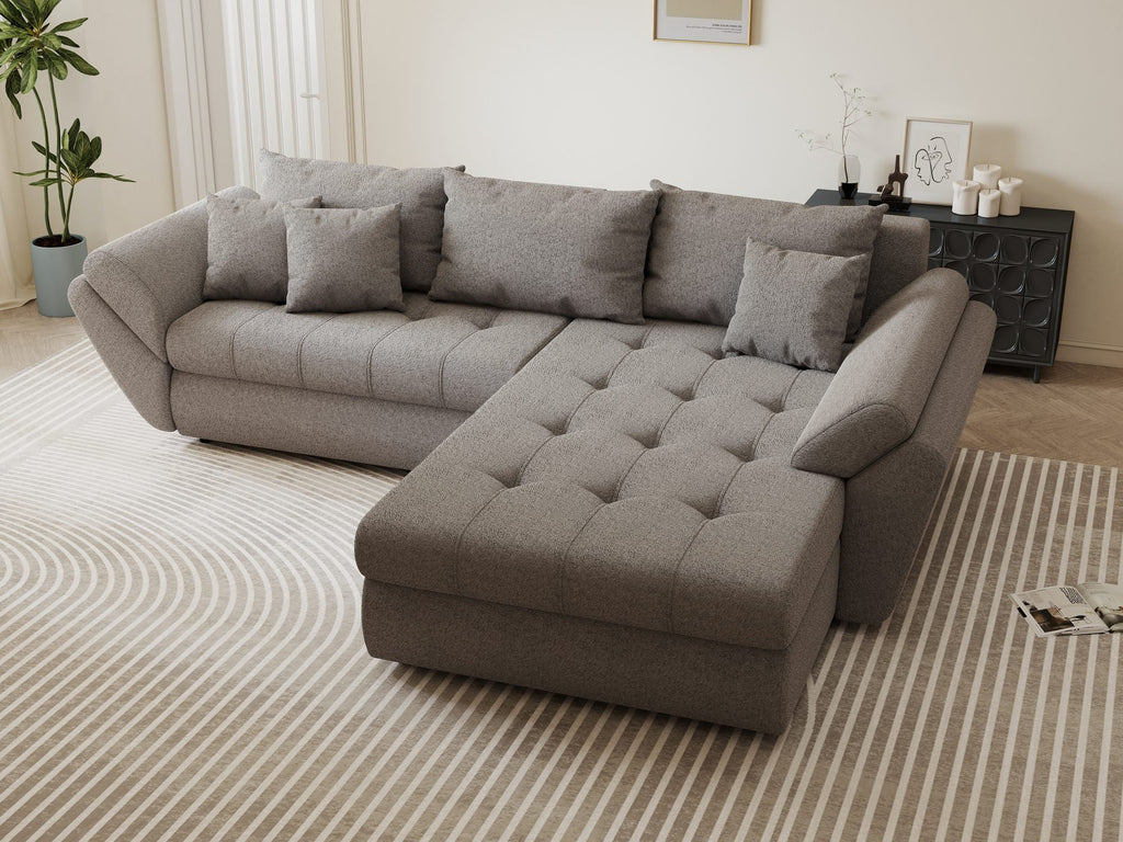 Colțar extensibil dumonde cu ladă de depozitare si sezut confortabil din spuma high-density, Loana Monte Gri II 270x185 cm