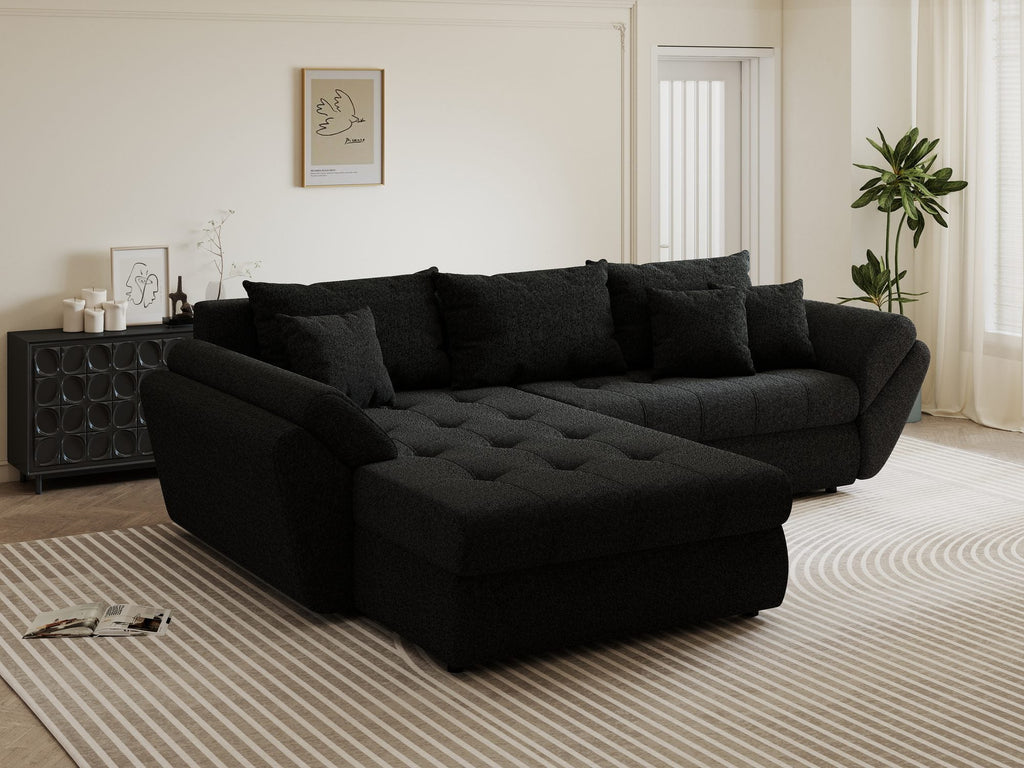 Colțar extensibil dumonde cu ladă de depozitare si sezut confortabil din spuma high-density, Loana Monte Negru 270x185 cm
