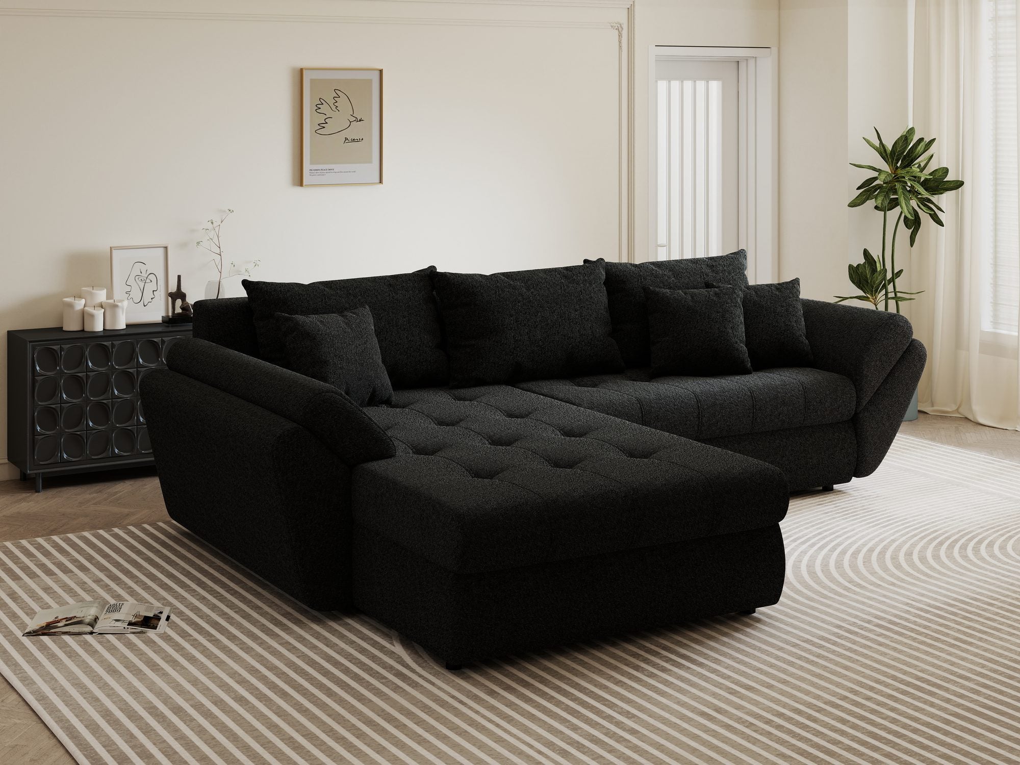 Colțar extensibil dumonde cu ladă de depozitare si sezut confortabil din spuma high-density, Loana Monte Negru 270x185 cm