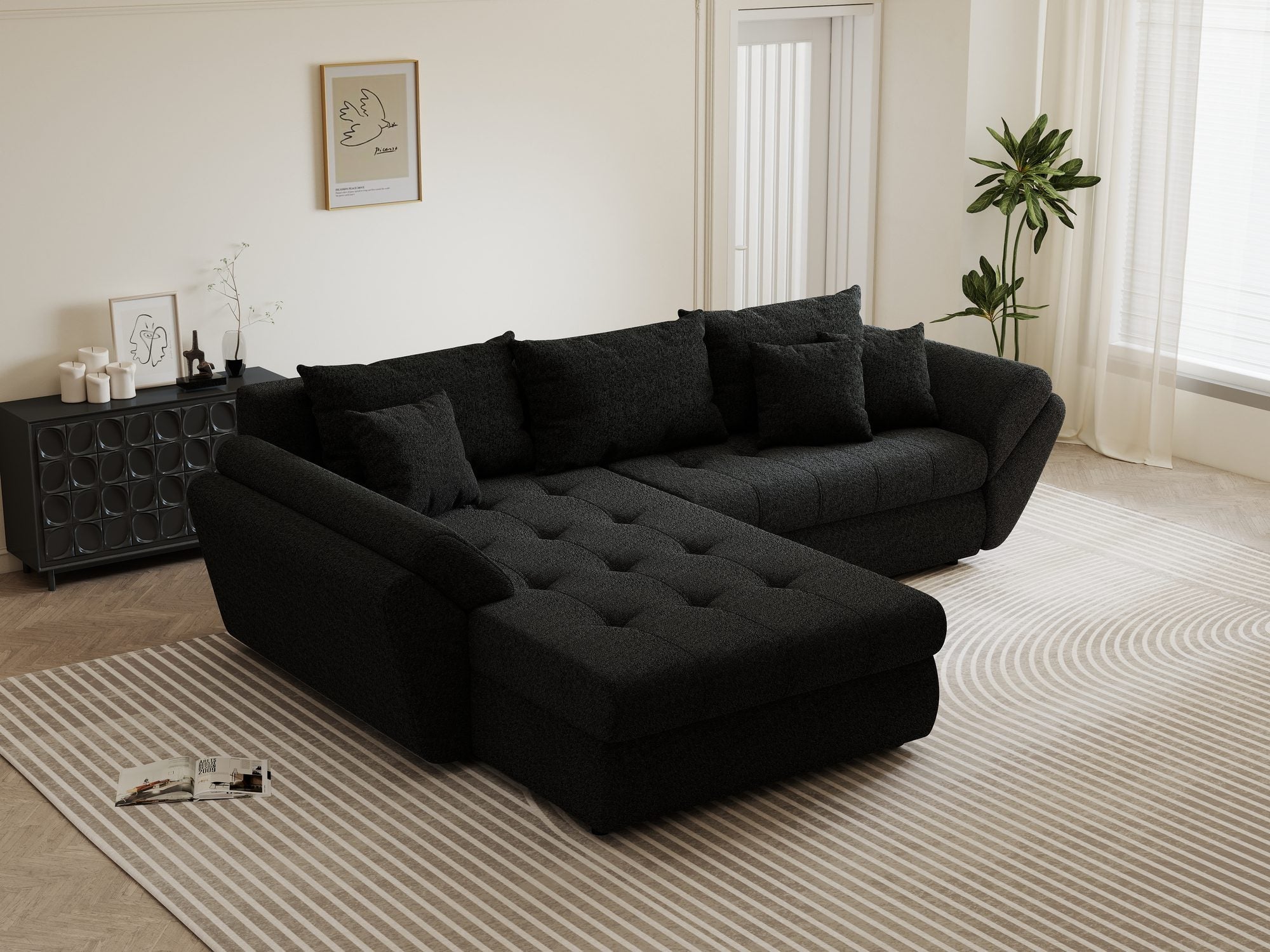 Colțar extensibil dumonde cu ladă de depozitare si sezut confortabil din spuma high-density, Loana Monte Negru 270x185 cm