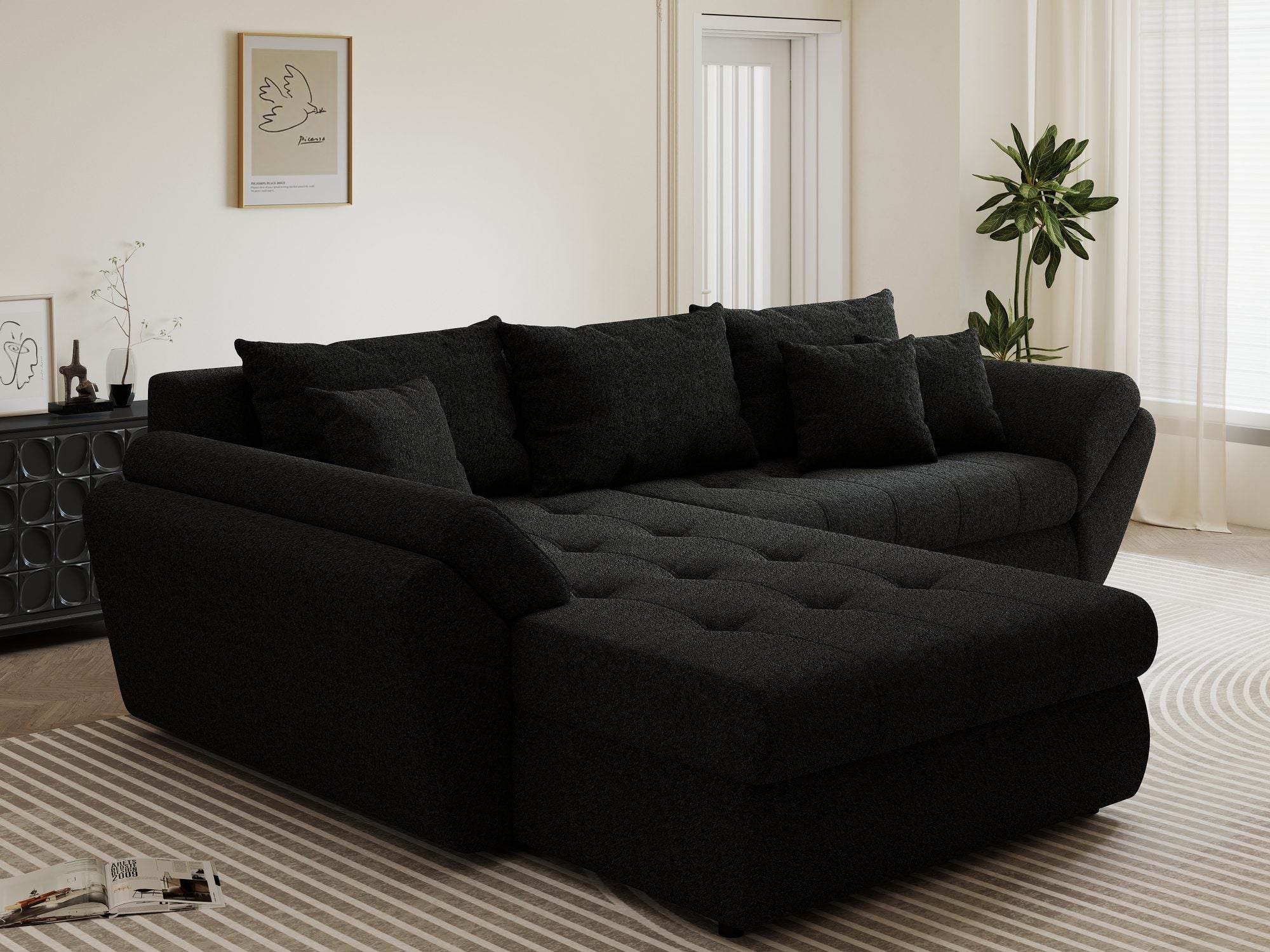 Colțar extensibil dumonde cu ladă de depozitare si sezut confortabil din spuma high-density, Loana Monte Negru 270x185 cm