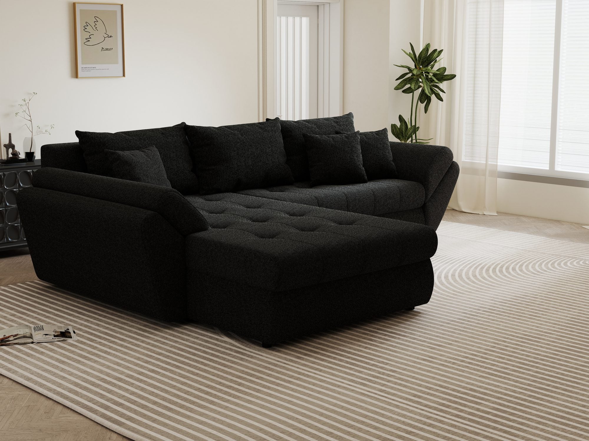 Colțar extensibil dumonde cu ladă de depozitare si sezut confortabil din spuma high-density, Loana Monte Negru 270x185 cm