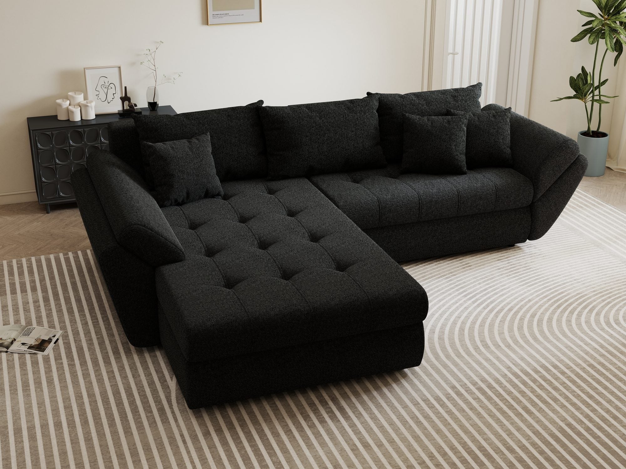 Colțar extensibil dumonde cu ladă de depozitare si sezut confortabil din spuma high-density, Loana Monte Negru 270x185 cm