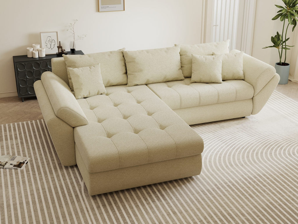 Colțar extensibil dumonde cu ladă de depozitare si sezut confortabil din spuma high-density, Loana Quelle Bej 270x185 cm