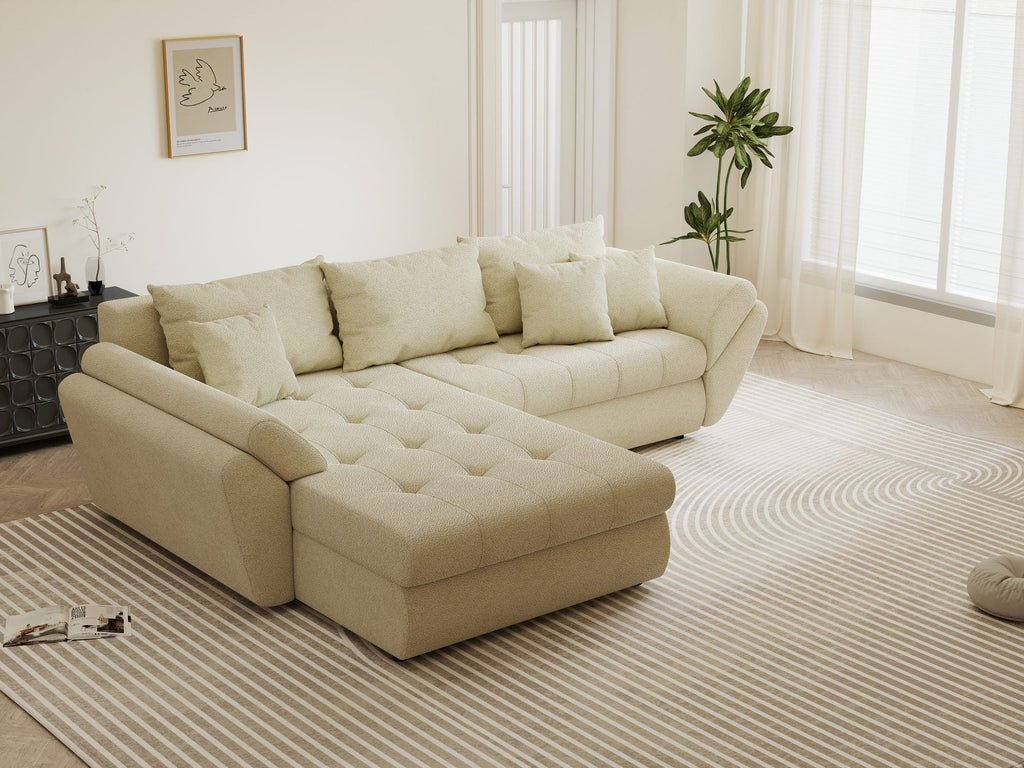Colțar extensibil dumonde cu ladă de depozitare si sezut confortabil din spuma high-density, Loana Quelle Bej 270x185 cm