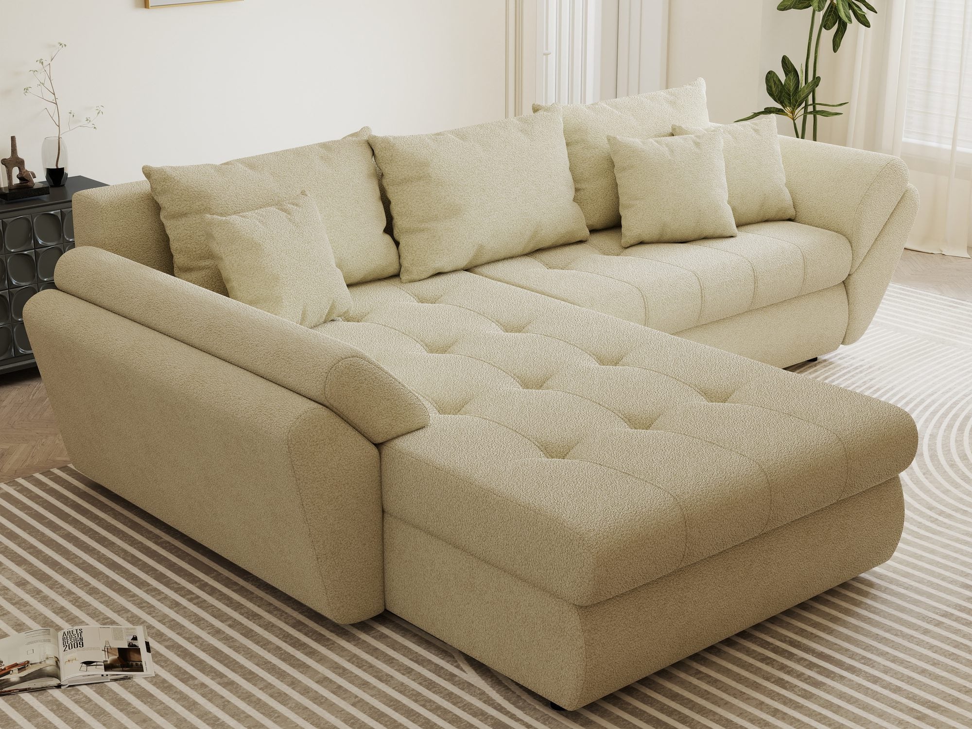 Colțar extensibil dumonde cu ladă de depozitare si sezut confortabil din spuma high-density, Loana Quelle Bej 270x185 cm