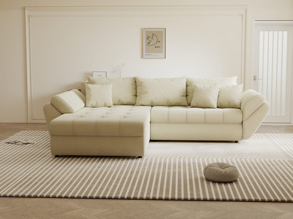 Colțar extensibil dumonde cu ladă de depozitare si sezut confortabil din spuma high-density, Loana Quelle Bej 270x185 cm