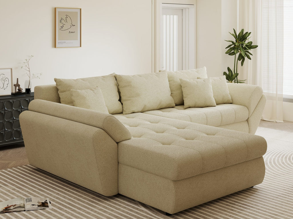 Colțar extensibil dumonde cu ladă de depozitare si sezut confortabil din spuma high-density, Loana Quelle Bej 270x185 cm