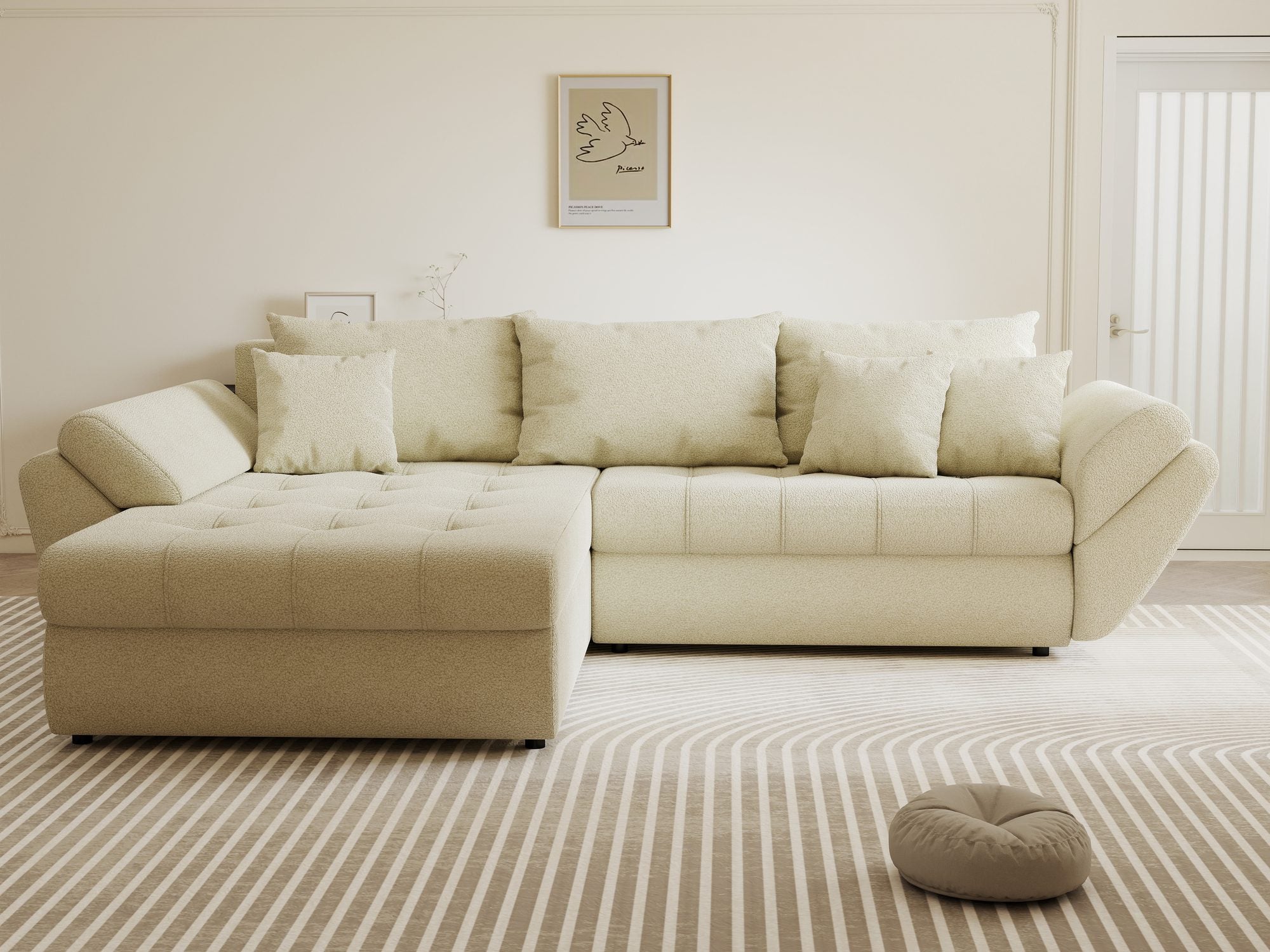 Colțar extensibil dumonde cu ladă de depozitare si sezut confortabil din spuma high-density, Loana Quelle Bej 270x185 cm
