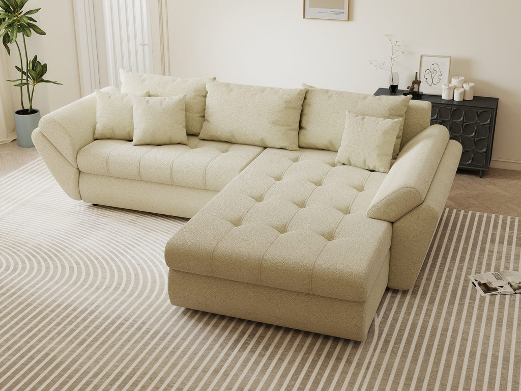 Colțar extensibil dumonde cu ladă de depozitare si sezut confortabil din spuma high-density, Loana Quelle Bej II 270x185 cm