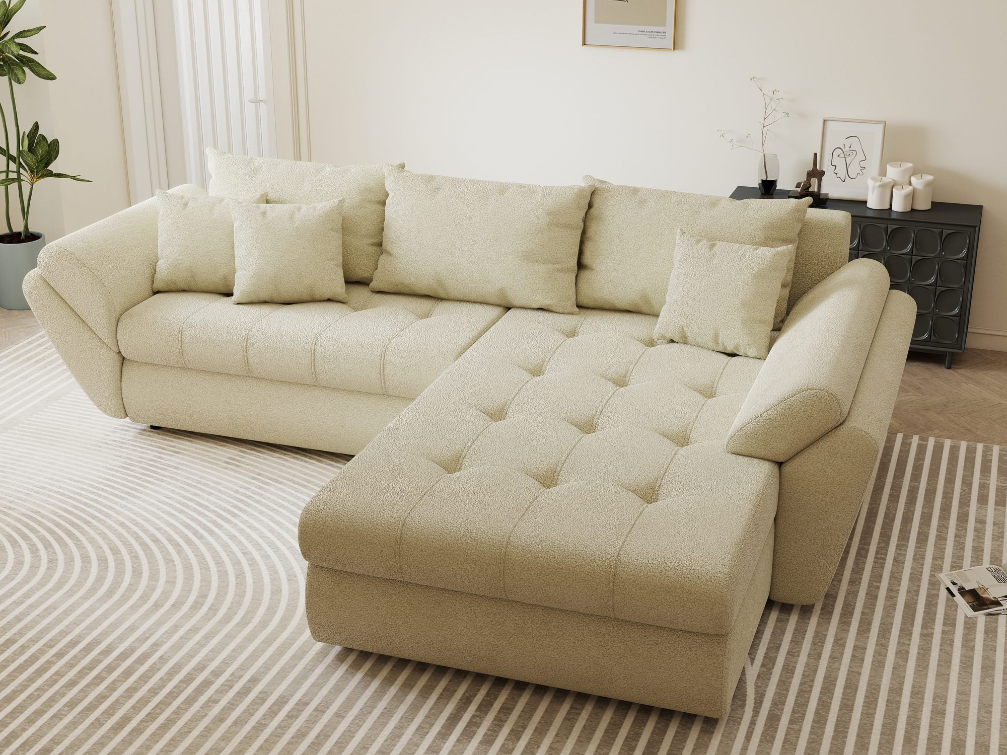 Colțar extensibil dumonde cu ladă de depozitare si sezut confortabil din spuma high-density, Loana Quelle Bej II 270x185 cm