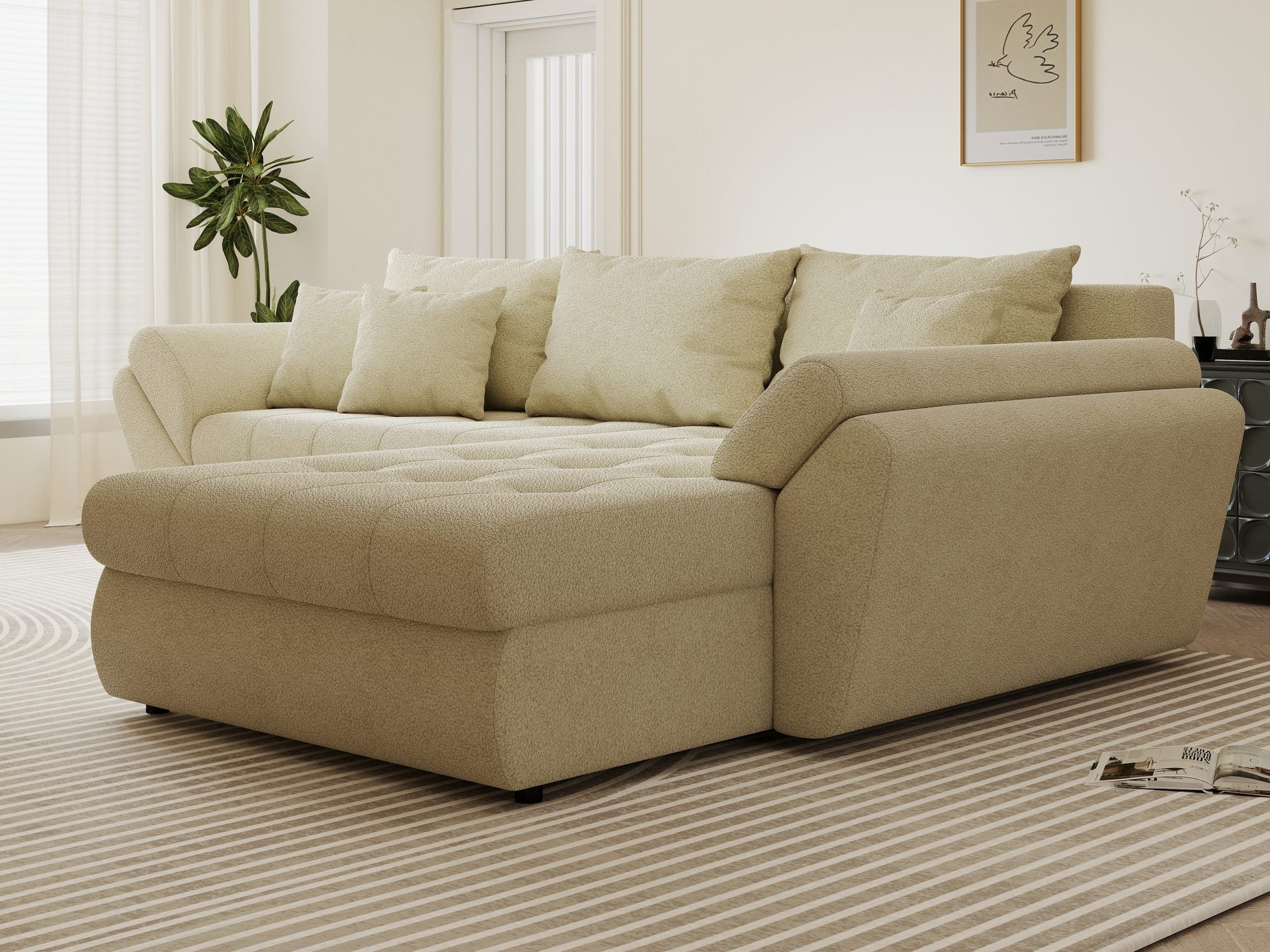 Colțar extensibil dumonde cu ladă de depozitare si sezut confortabil din spuma high-density, Loana Quelle Bej II 270x185 cm
